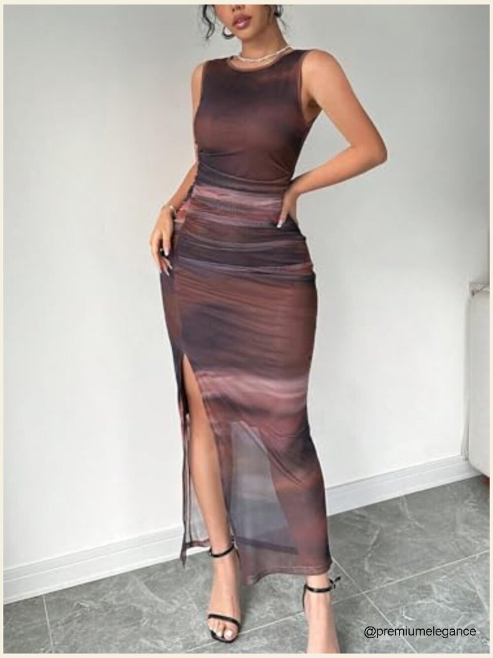 Tie Dye Mesh Bodycon Dress Ruched Split Thigh Club Maxi - Picture 4 of 5